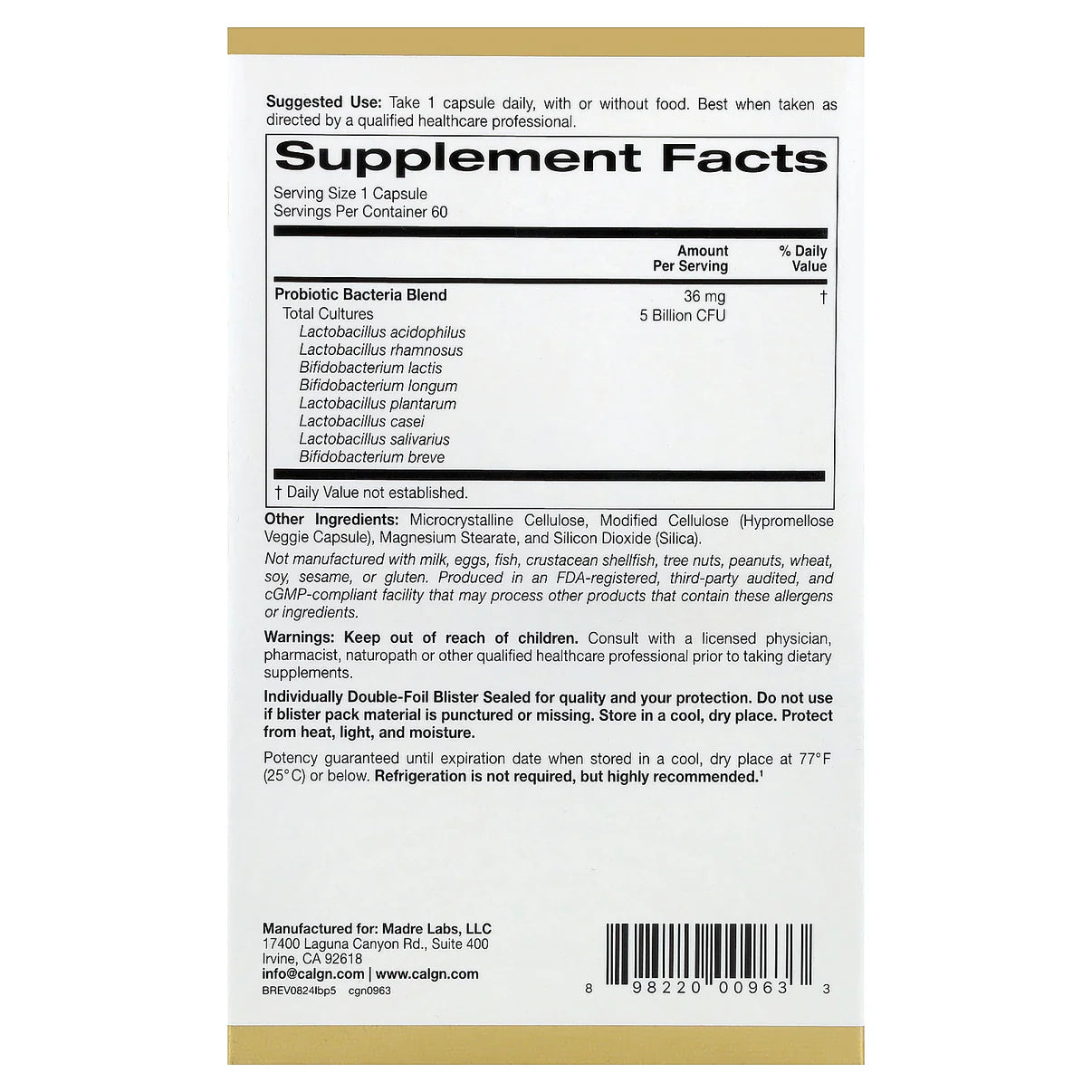 California Gold Nutrition, LactoBif® 5 Probiotics, 5 Billion CFU, 60 Veggie Capsules