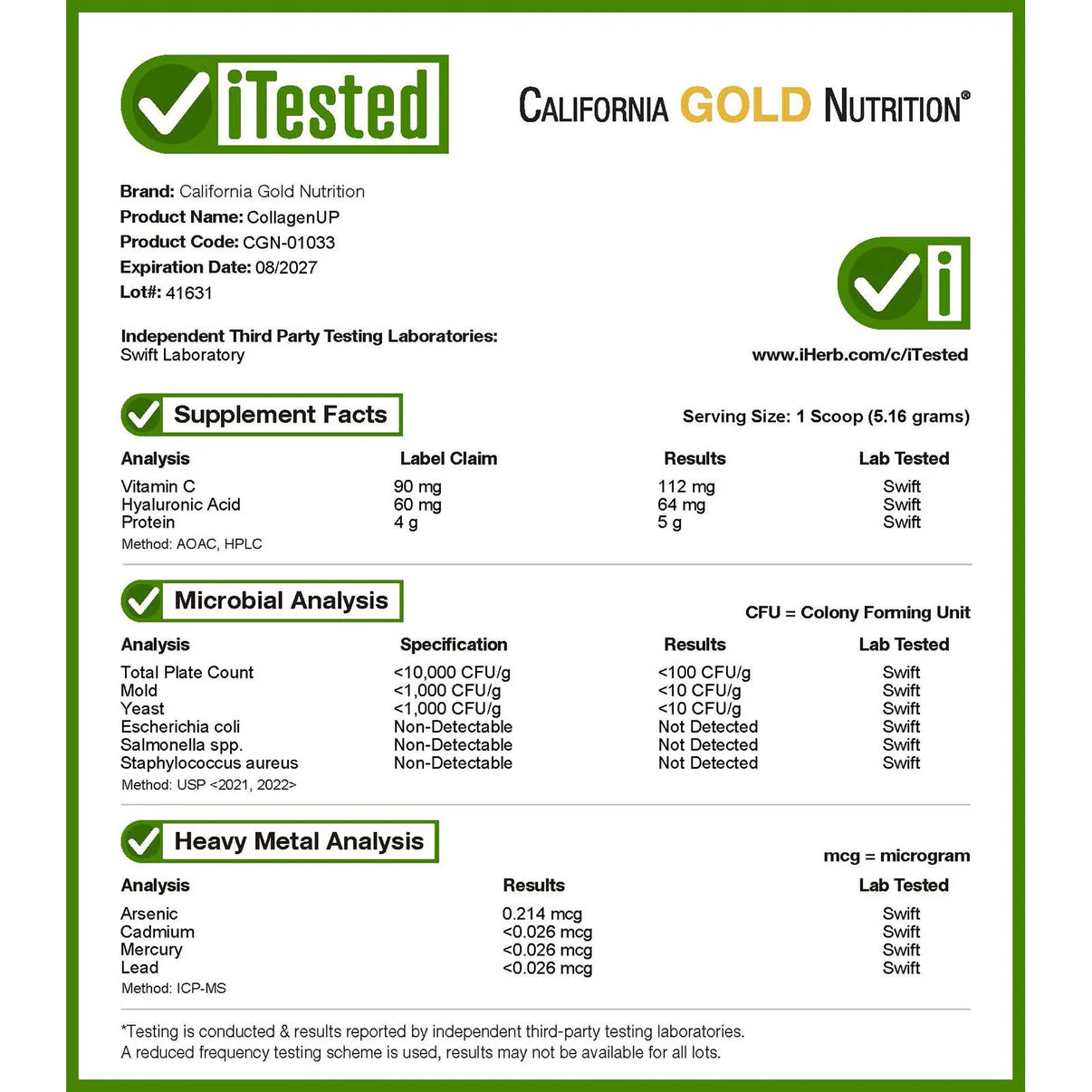 California Gold Nutrition , CollagenUP , Hydrolyzed Marine Collagen Pep (206g)