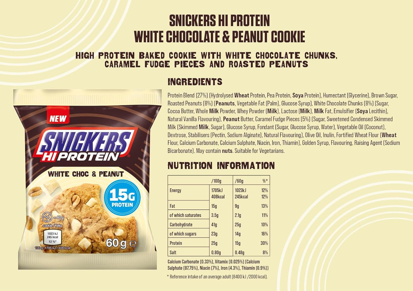 Snickers White Chocolate Peanut Baked Protein Cookie (60g)