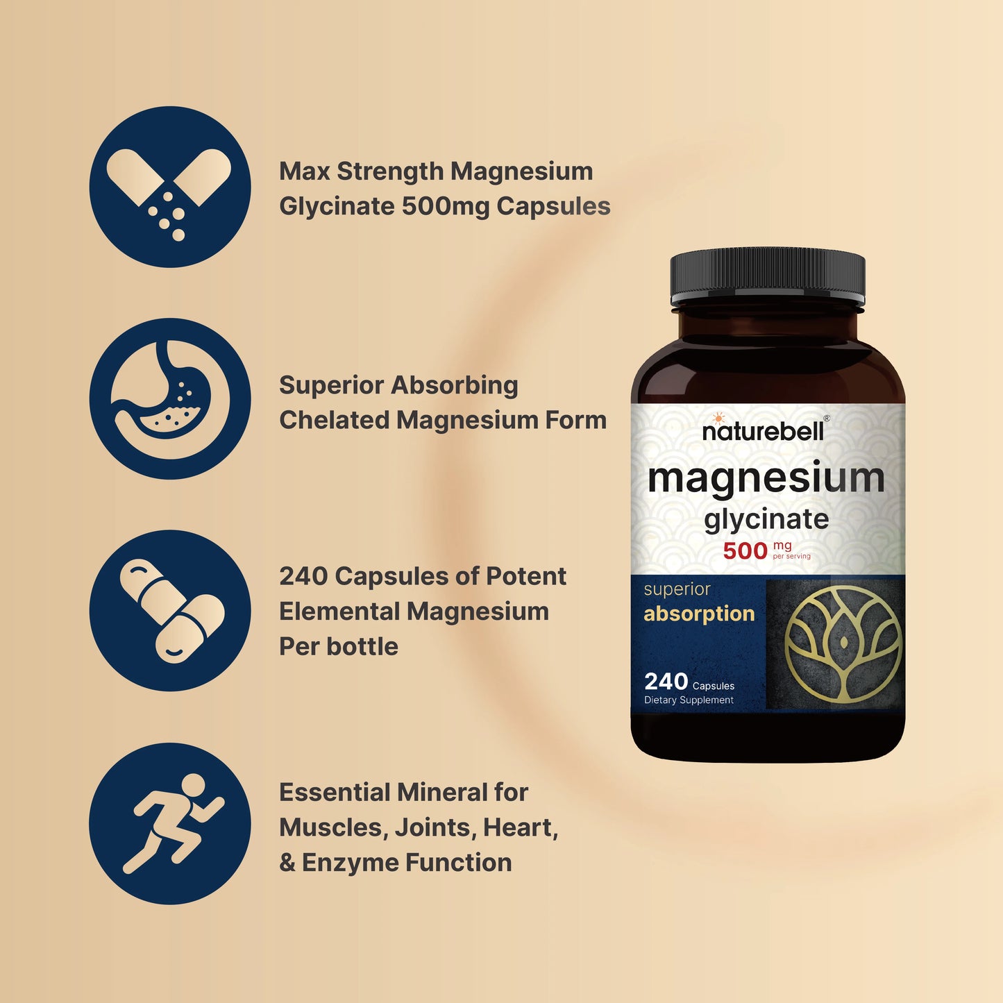NatureBell Magnesium Glycinate 500mg , 240 Capsules