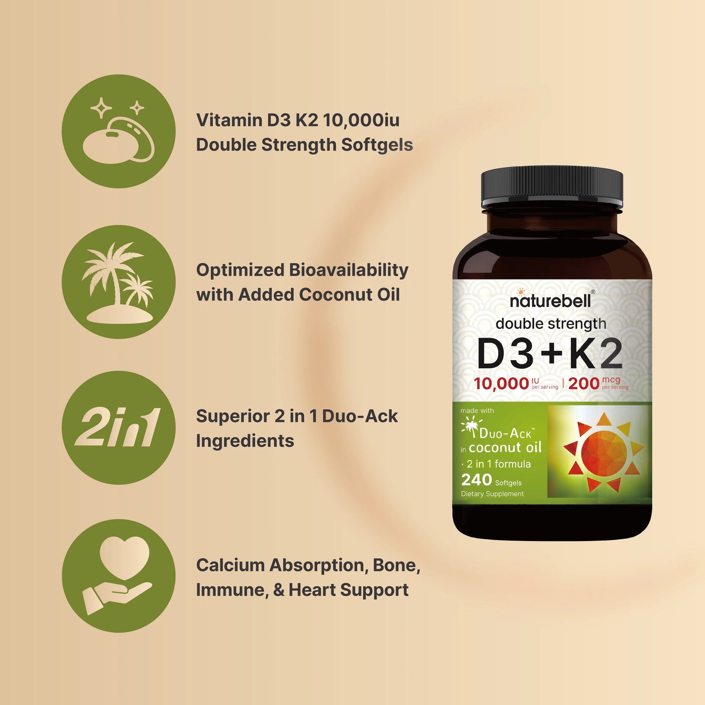 NatureBell Vitamin D3 K2 (10,000 IU Vitamin D + 200mcg Vitamin K MK-7) 240 Softgels