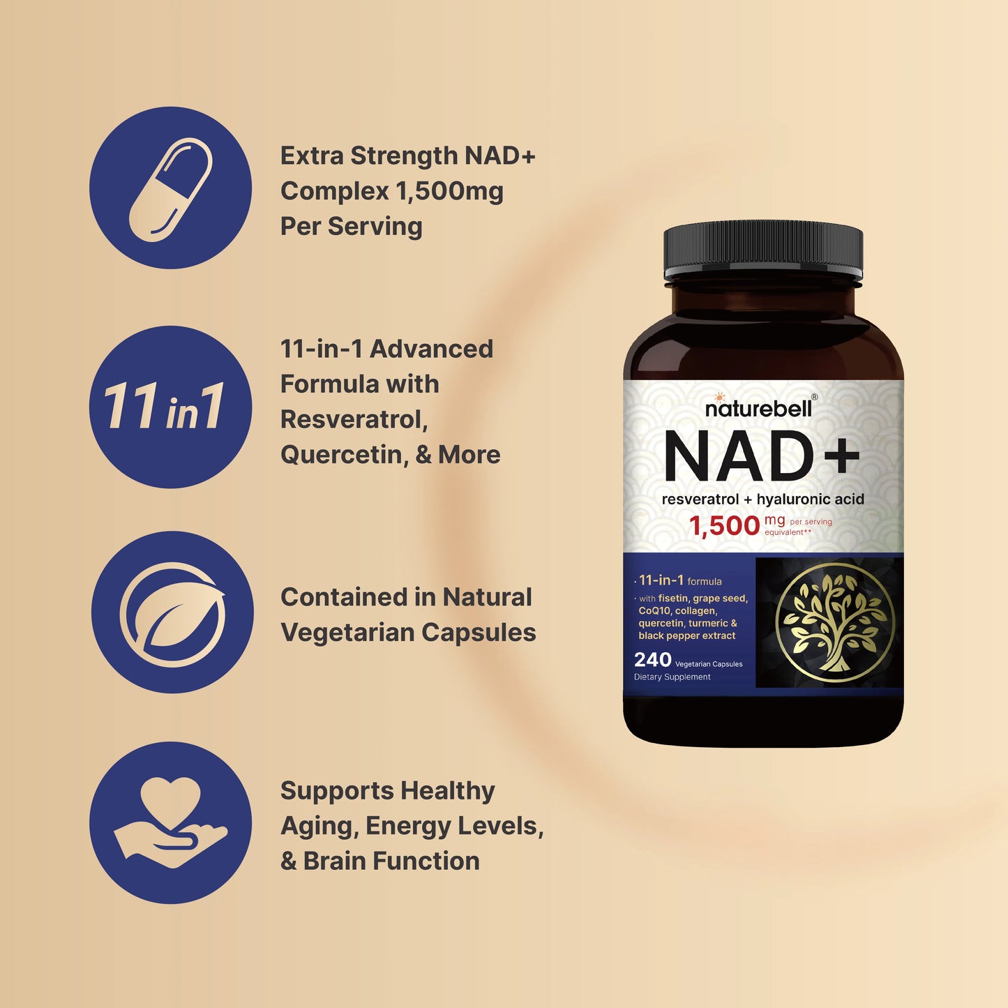 NatureBell NAD+ 1,500mg Per Serving, 240 Veggie Capsules