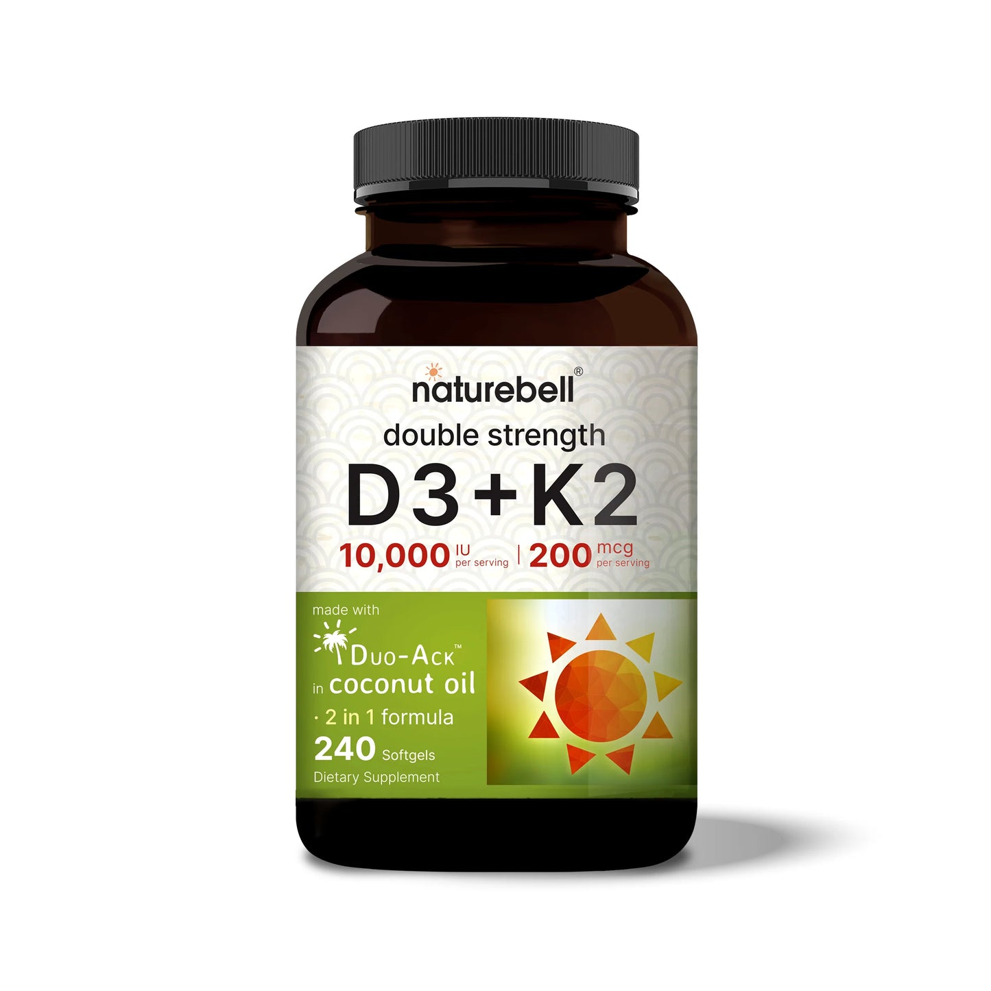 NatureBell Vitamin D3 K2 (10,000 IU Vitamin D + 200mcg Vitamin K MK-7) 240 Softgels