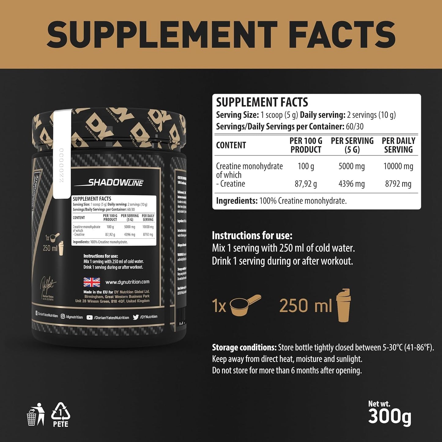 DY Nutrition Creatine Monohydrate 300g (60 Servings)