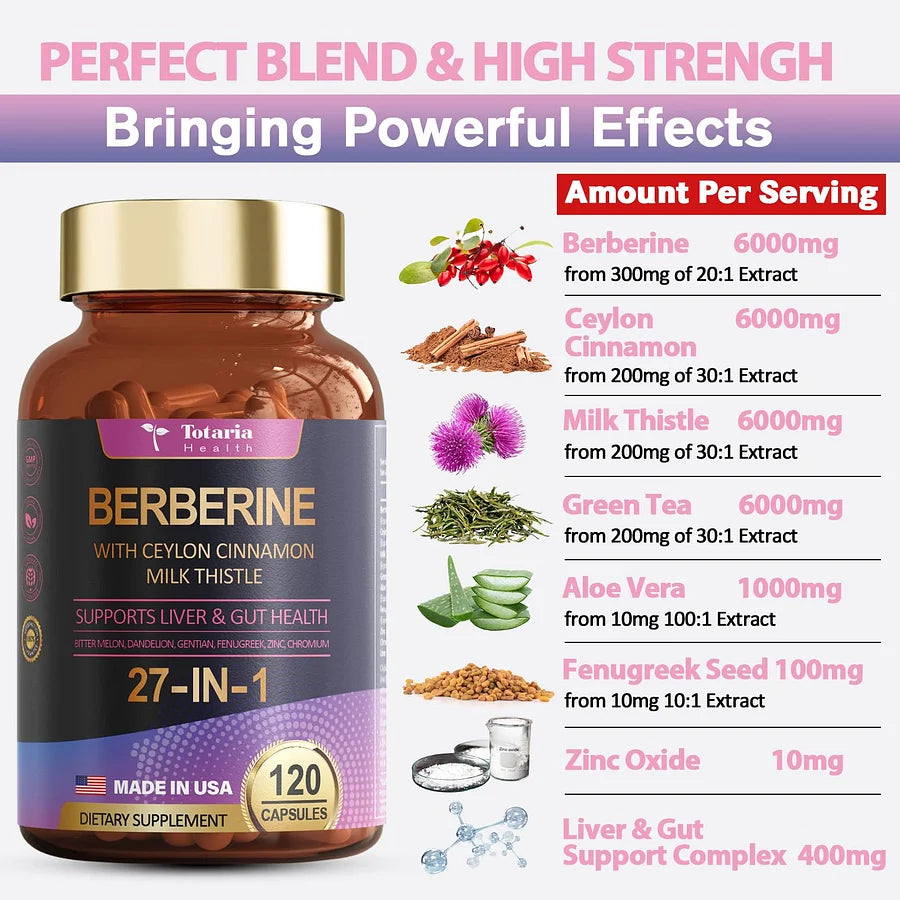 Totaria 27-in-1 Berberine Supplement with Ceylon Cinnamon, Milk Thistle |120 Caps