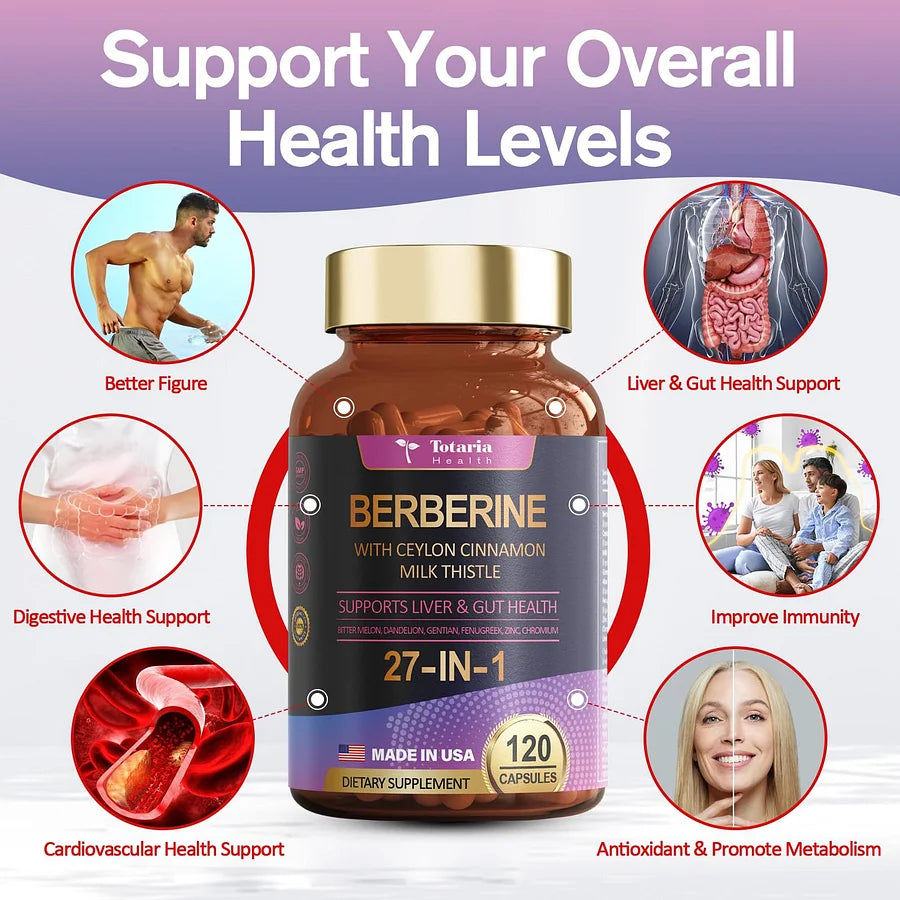 Totaria 27-in-1 Berberine Supplement with Ceylon Cinnamon, Milk Thistle |120 Caps